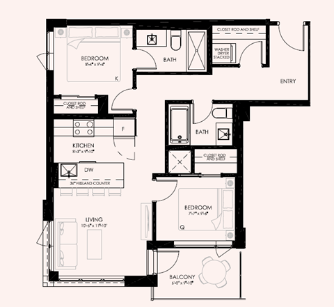 Floor plan for 2 beds, 2 baths, 767 sqft